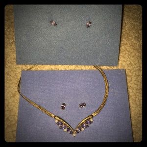 Avon goldtone tanzanite color rhinestone set
